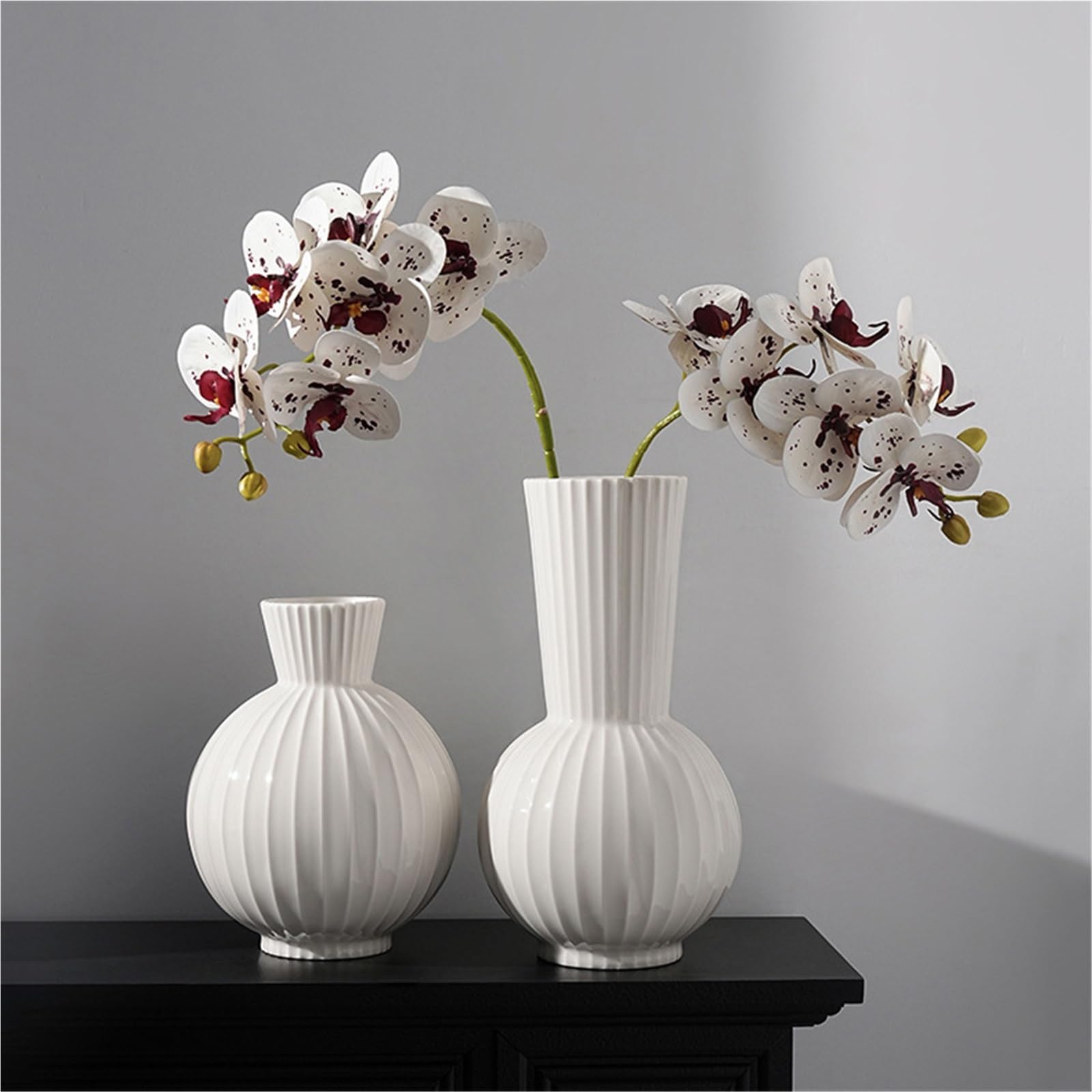 Weiße Keramikvase, Boho-Dekor, Bauernhaus-Dekovase, gestreifte Dekoration, moderne Vase für Wohndeko, Wohnzimmer, Eingangsbereich, Hochzeit(L)