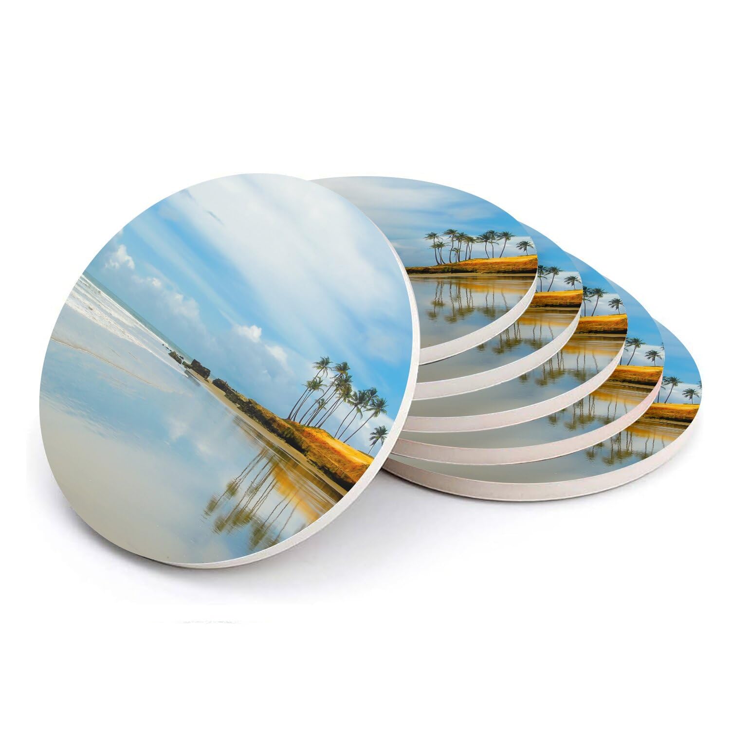 Sous-verre ronds en céramique de prestige motif Sable d'or et Cocotiers