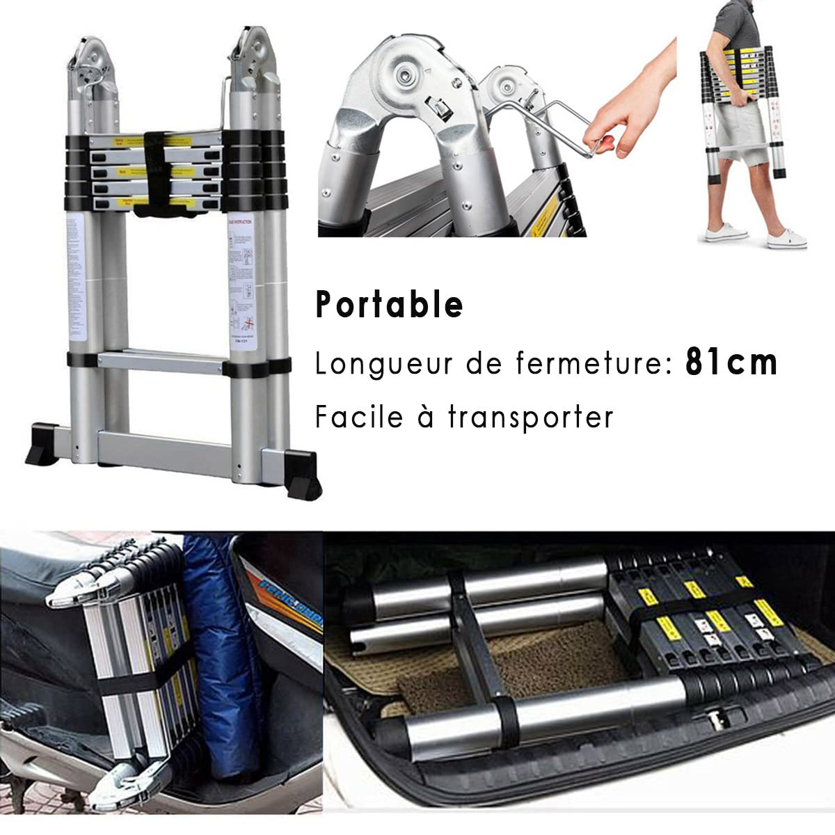 Échelles Coulissantes 3,8m avec stabilisateur, Échelle télescopique Portable et Pliante Antidérapante Escabeau Échelle pour Travail Domestique et Extérieur, Capacité de 330lbs Argent