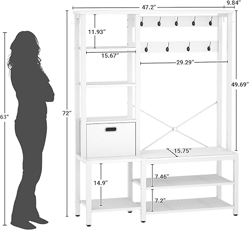 Miniatura 7 de Aheaplus Árbol de pasillo con banco de almacenamiento, perchero con luces LED, estantes de 5 niveles, cesta de almacenamiento de tela, ganchos