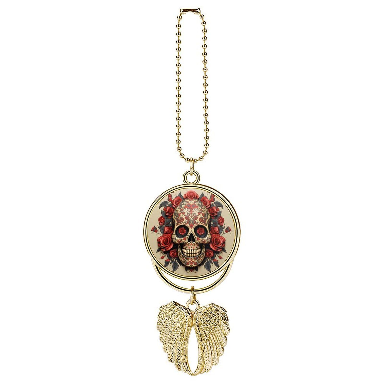 Red Rose Sugar Skull Car Pendant Personalized Car Hanging Ornament Auto Rear View Mirror Hanging Decoration Accessories Metal Cars Interior Ornament for Most Cars Truck SUV