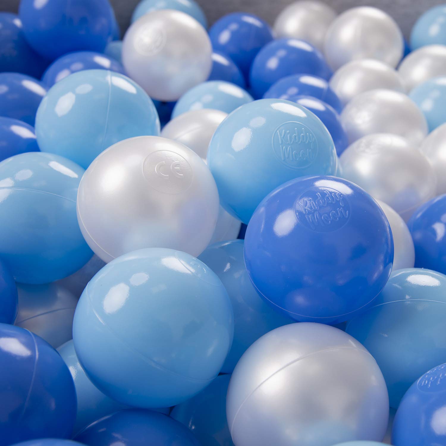 KiddyMoon Soft Plastic Play Balls For Children 200 Balls/6Cm-2.36In Colourful Made In EU, Baby Blue/Blue/Pearl — image 1
