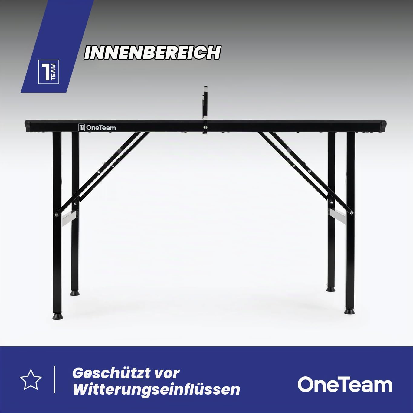 OneTeam Tischtennisplatte für Indoor-Spiele mit Gitternetz und klappbaren Platten mit 2 Ball- und Palettenablagefächern Transportrollen mit Feststellfunktion