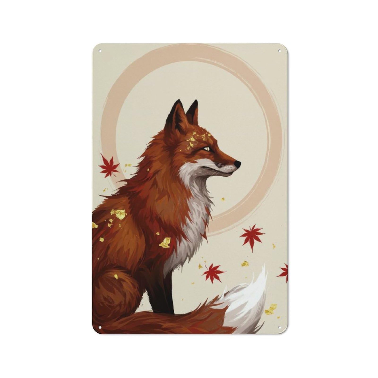 Junmoney Style-9 Tin Wall Plaque 30X20cm With Fox With Maple Leaves Digital Art For Workshop Wall, With Clear Retro Wall Decor Character