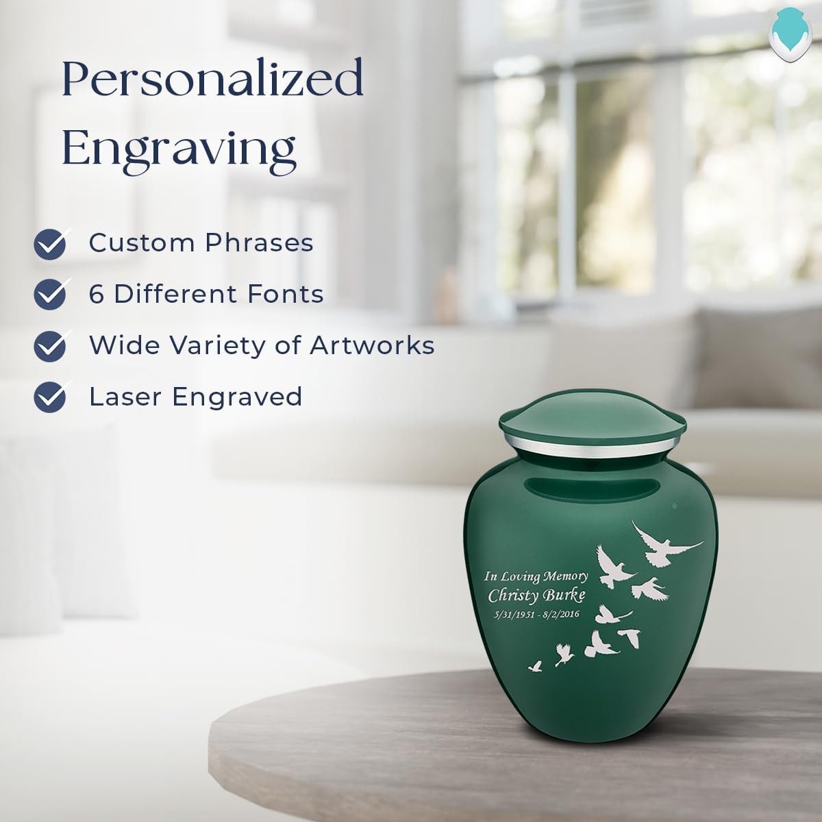 Geturns - Small Personalized Doves Cremation Urns for Human Ashes I Green Funeral Urn for Men and Women I Holds up to 44 Cubic Inches