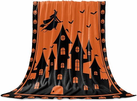 Flannel Fleece Blanket 60" x 80", Halloween Microfiber Cozy Soft Throws for Women, Orange Black Pumpkin Ghost Castle Witch Lightweight Throw Blankets for Couch, Sofa, Bed, Living Room, Bedroom