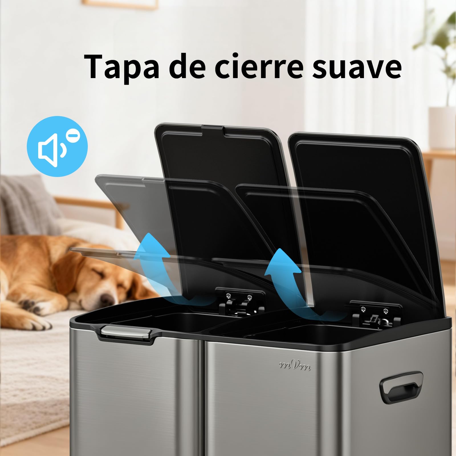 mVm Cubo de Basura Cocina de Acero Inoxidable, 3 Compartimentos 60L con Tapa de Cierre Suave, Contenedor Multifuncional para Separación de Residuos en Casa u Oficina, Gris