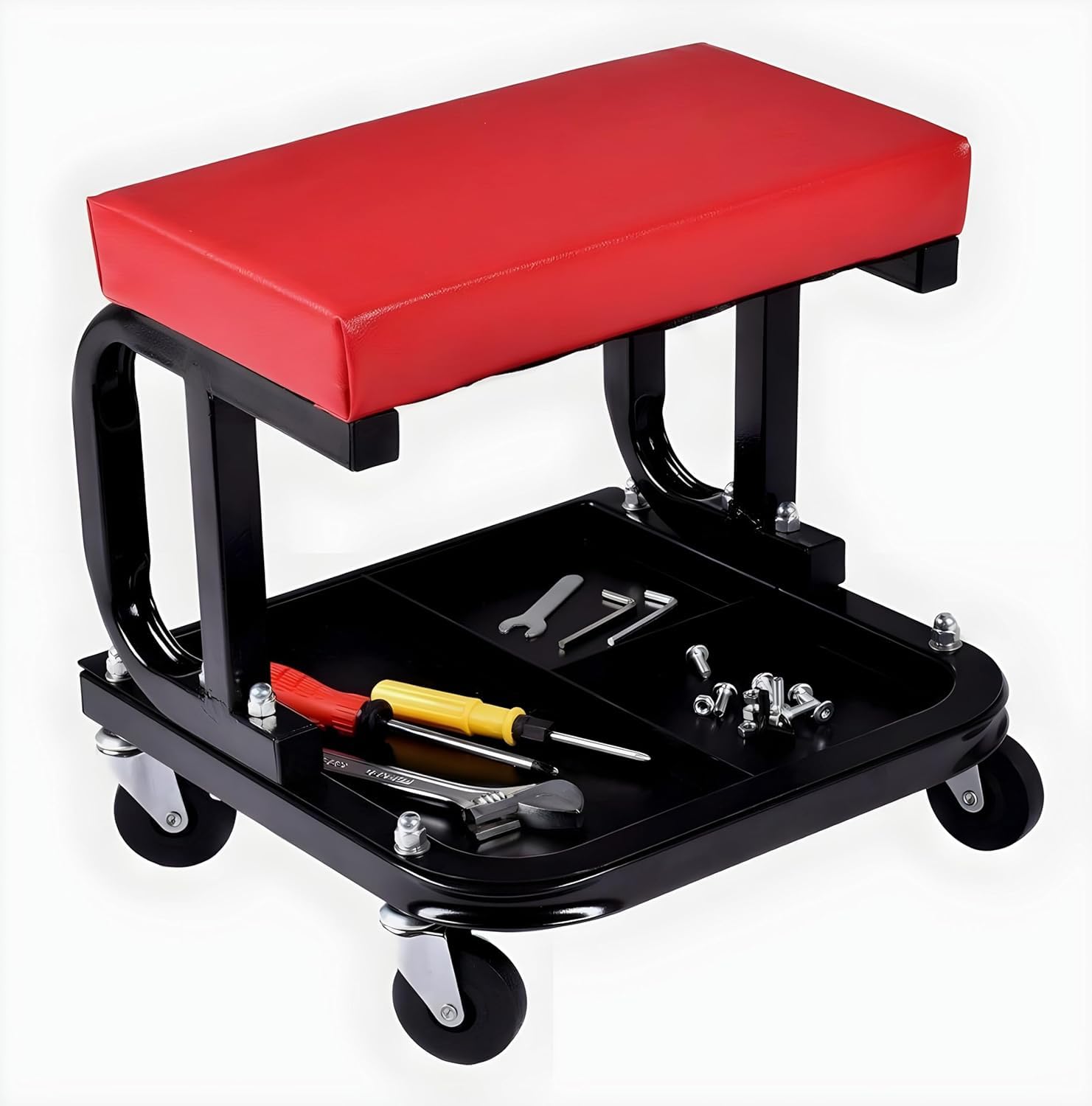 Bellveen Roller Seat for Garage with Three Divisions Tool Tray Yellow Pneumatic Tire Repair Stool Creeper Stool Chair