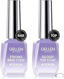 Gellen Gel Nail Polish Top and Base Coat - Base Top Coat Set Gel Polish Base and Top Coat Soak off Gel Polish, Strong Base Coat Glossy Shine Top Coat UV/LED Gel Nail Kit for Home/Nail Salon Use 18ml