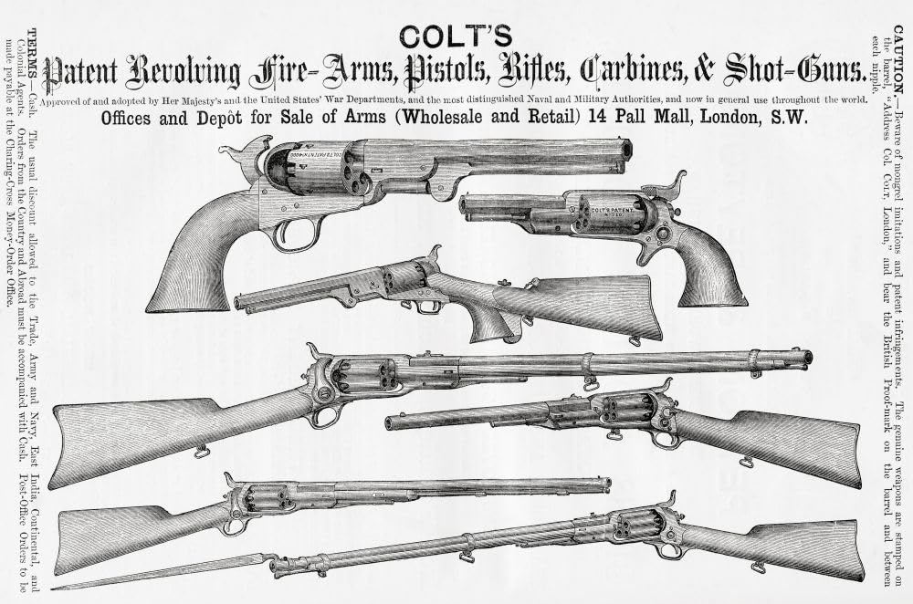 Publicité pour Colt's Firearms Pistolets Carabines Carabines & Shotguns. From A Concise History of The International Exhibition of 1862 Publié 1862 Poster Print by Ken Welsh (45,7 x 30,5 cm)