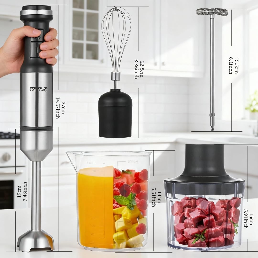 Octave Immersion Blender Handheld Corded Hand Blenders Set 800W, Stepless Variable Speed 5 in 1 Stick Emulsifier with Chopper, Whisk and Frother for Soup, Smoothies