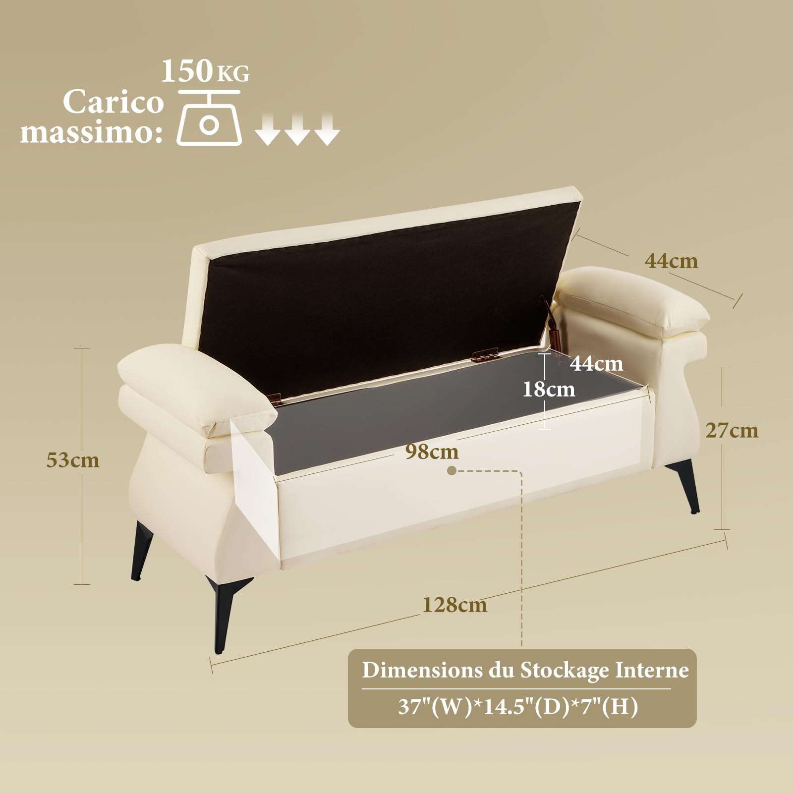 Panca Contenitore Camera da Letto 128x44x53cm, Panca Fondo Letto Matrimoniale, Cassapanca Pouf Organizzatore Ottomano in Pelle PU per Camera da Letto Soggiorno Ingresso, Beige