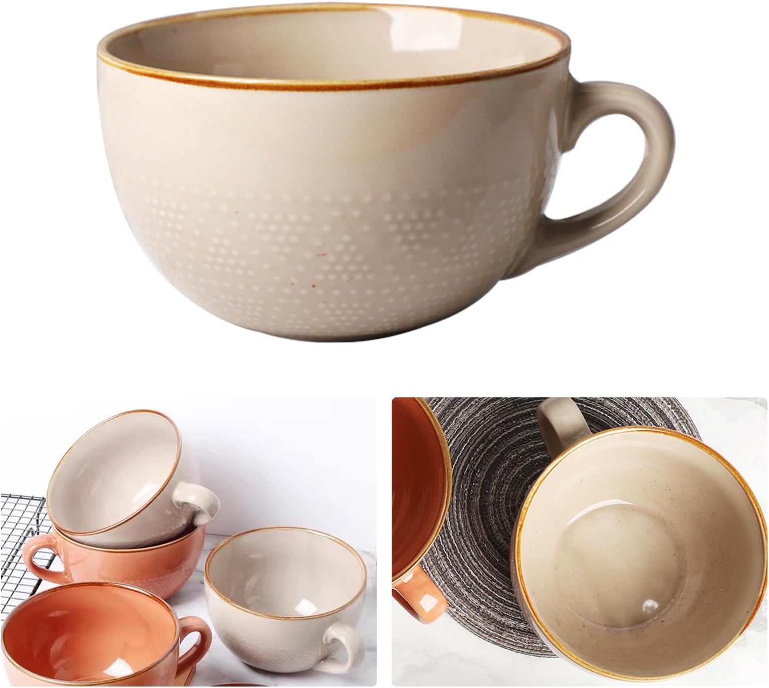 AYYDS Large Coffee Cup, 700 ml Cup, Ceramic Soup Bowl with Handle, Coffee Mug, Cereal Bowls, Salad Bowl with Handle, XXL Cappuccino Cups, Ramen Bowl (Khaki)
