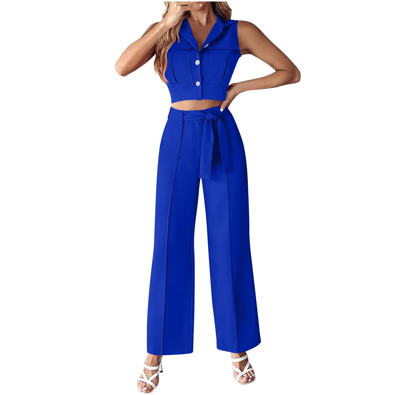 Womens Vest Sets Summer 2 Piece Outfits Sleeveless Lapel Button Crop Blazer Tank Top and Wide Leg Belted