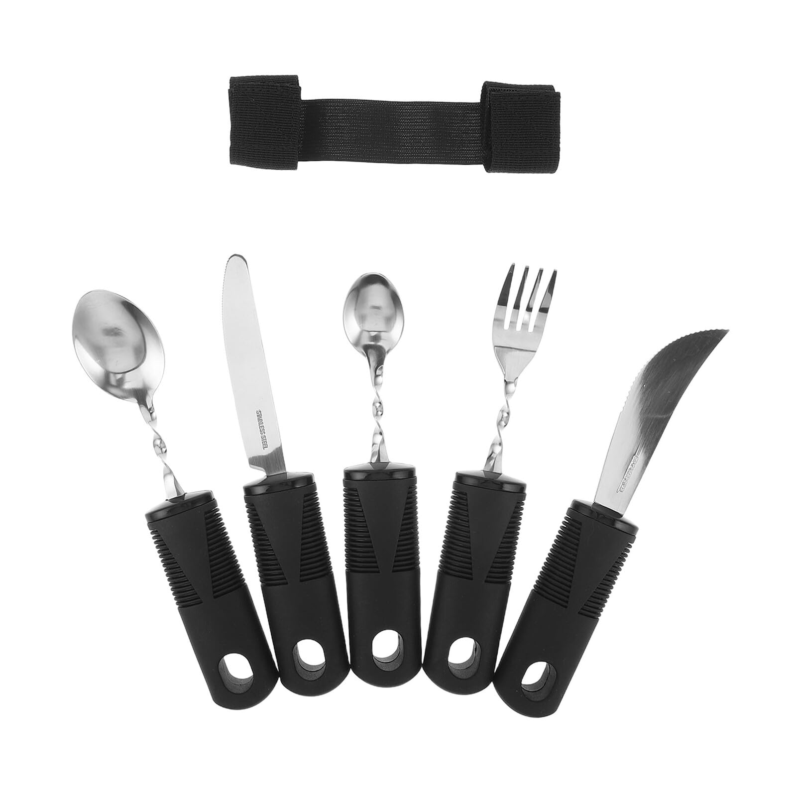 ibasenice Set Posate Adattabili per Anziani e Disabili Cucchiaio e Forchetta Pieghevoli Anti-Vibrazione Manico Ergonomico in Acciaio Resistente Fascia di Fissaggio per Assistenza Pasti