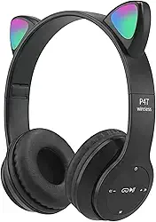 Fone de Ouvido Infantil Bluetooth com Orelhas de Gato, LED Colorido, 5 Horas de Bateria. (Preto)