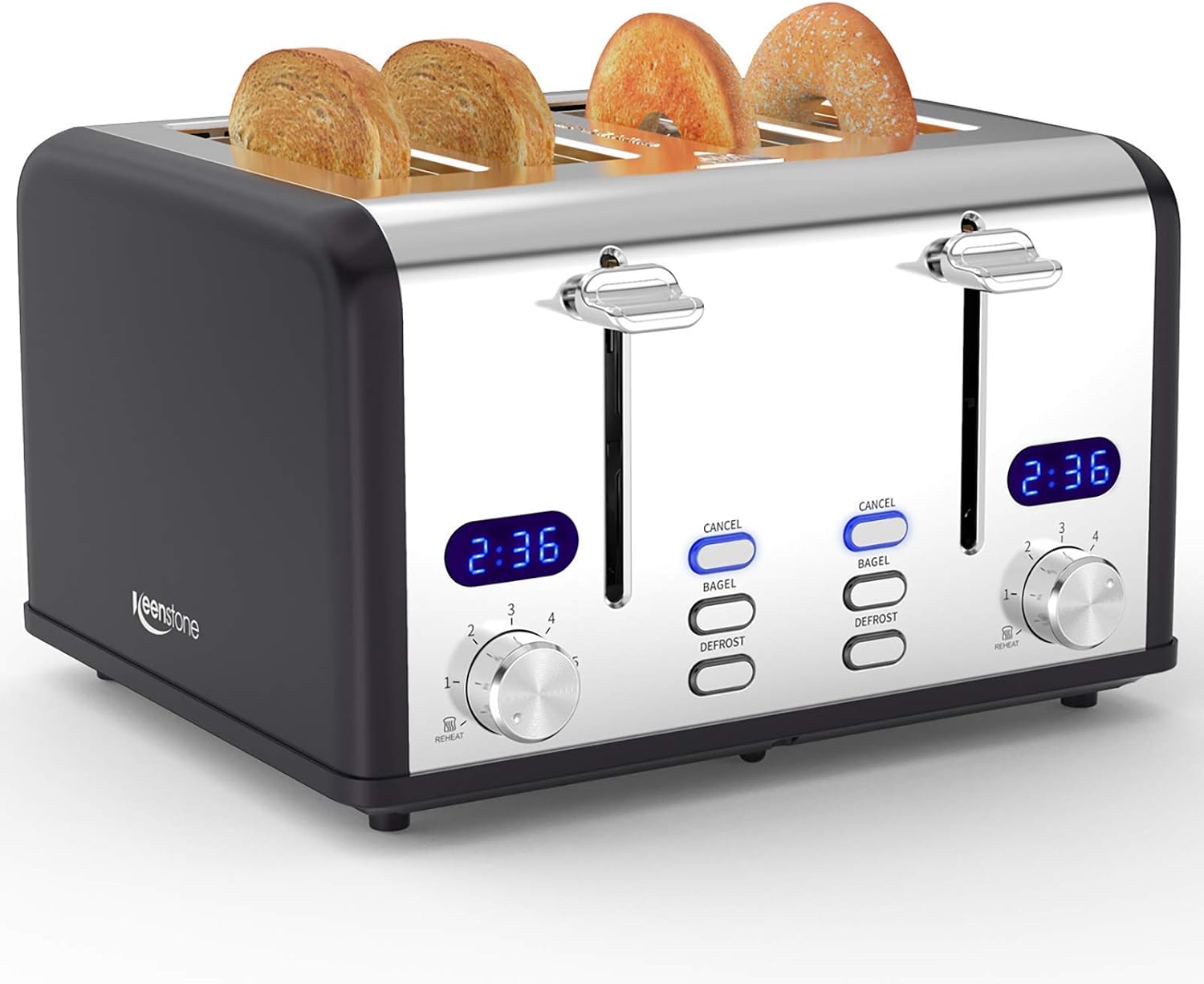 Toaster 2 Slice Keenstone Retro Stainless Steel Toaster with Bagel, Cancel, Defrost Function, Extra Wide Slot Toaster with High Lift Lever, 6 Shade Settings, Removal Crumb Tray,Sliver-Black