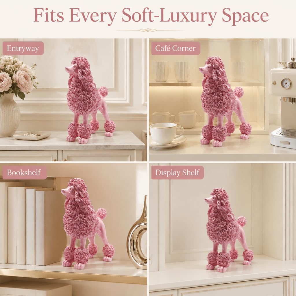 Statua di barboncino rosa, scultura a forma di cane in piedi, decorazione per la casa, decorazione in resina per ufficio, soggiorno, camera da letto, mensole
