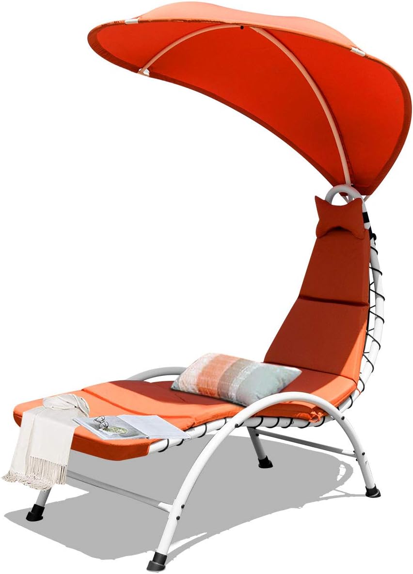 Giantex Chaise Lounger Chair, Arc Stand Porch Swing Hammock Chair w/Canopy, Removable Headrest, Patio Chaise with Cushion, Recliner Chair for Garden Backyard Poolside (Orange)