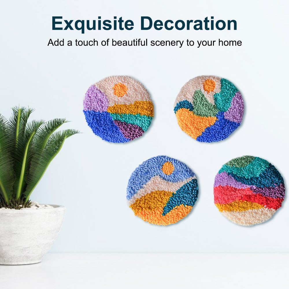 MiOYOOW 6PCS Punch Needle Coasters, Easy Tufted Rug Punch Decoration DIY Craft Supplies with Patterns and Yarns Tools for Adults Beginner