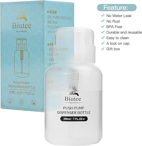 Miniatura 8 de Biutee Botella limpiadora transparente, 1 botella dispensadora de bomba vacía con cerradura para esmalte de uñas y removedor de maquillaje, 6.8 fl