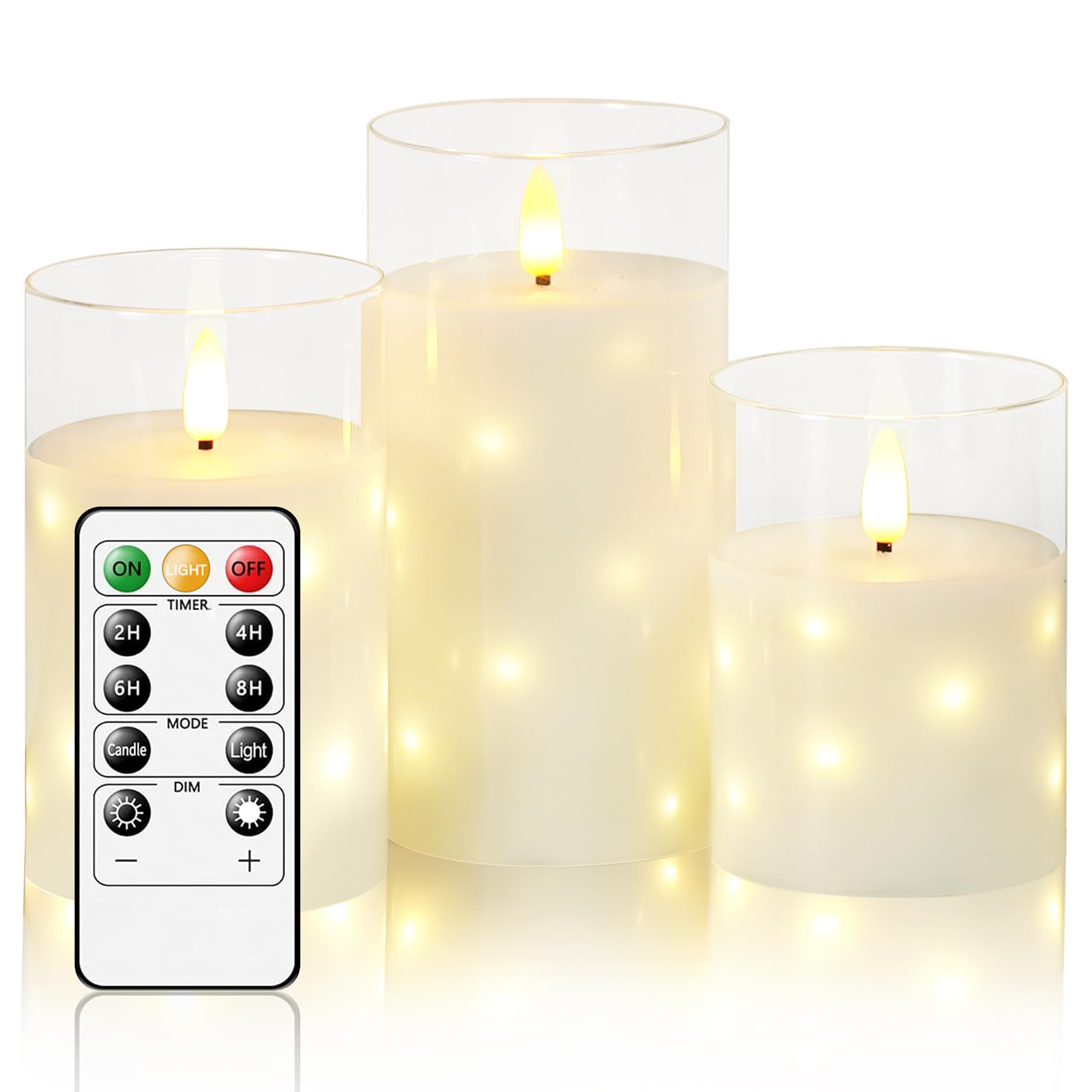 LED Flameless Candles, Battery Candles Flickering Set, Built in Hidden String, 11 Key Remote Control & Timer, Glass Real Wax, Set of 3, H 4 "5" 6 "(White)
