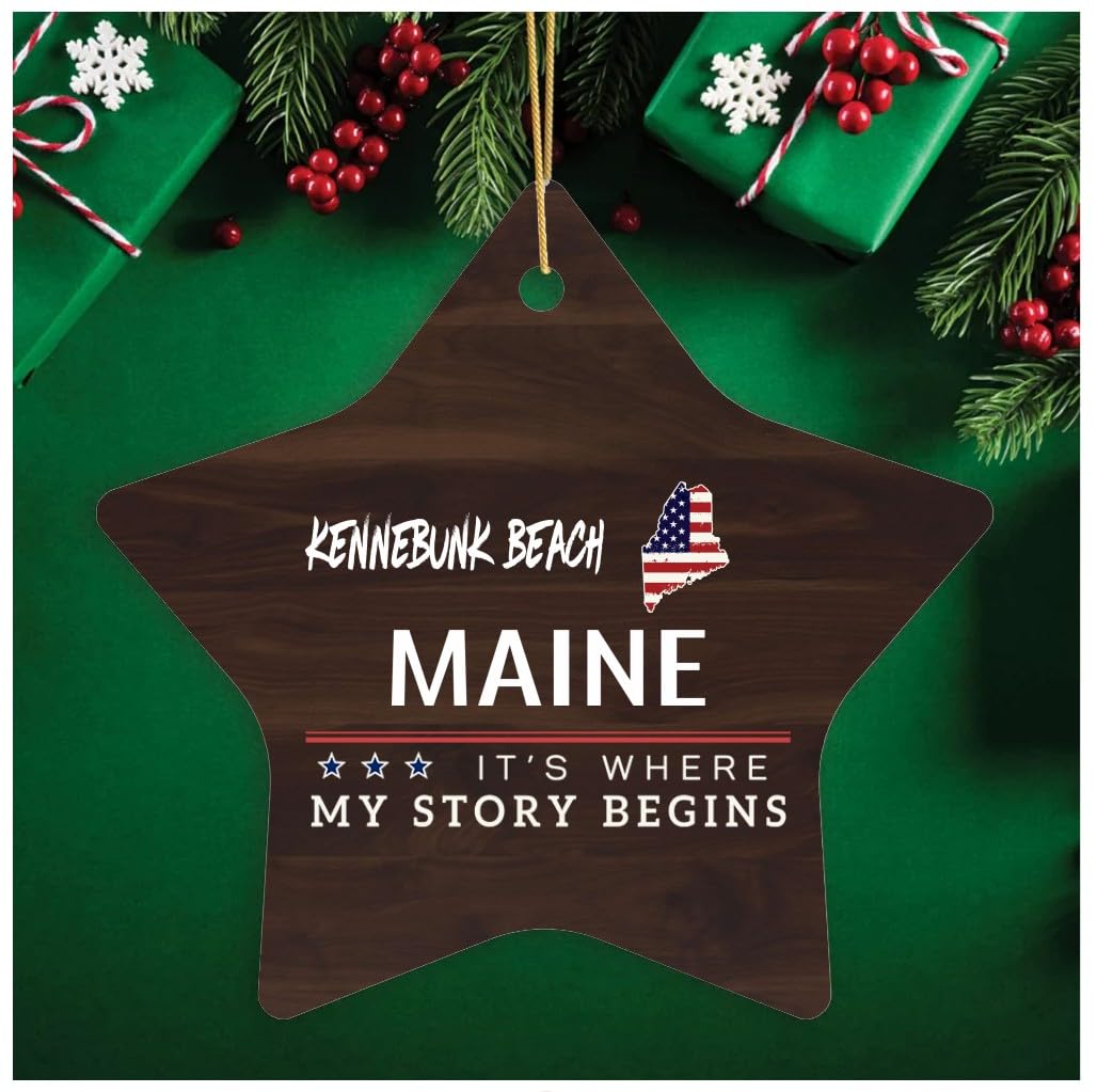 Christmas Ornaments 2024 Kennebunk Beach Maine It's Where My Story Begins Keepsake Gift Family Hometown Souvenirs Star Ornament 3" White