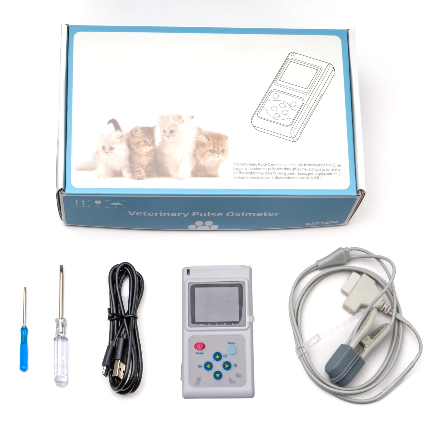 Oxímetro de pulso veterinario para mascotas: sensor de SpO2 portátil para perros y gatos, monitor de frecuencia cardíaca con sonda y cable USB para uso doméstico y veterinario.