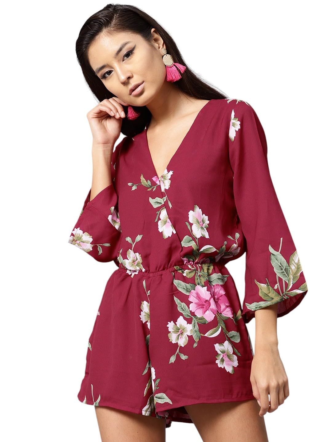 sassafras Maroon Tropical Wrap Romper-picture-41