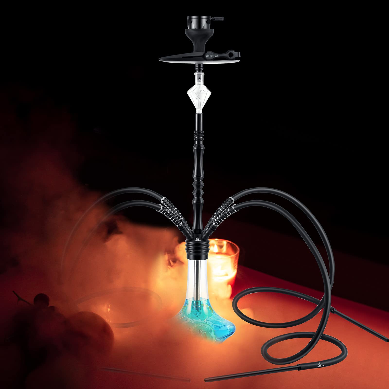 NOBLE HOOKAH Narghilè Completo 95cm Shisha Con Molasses, Tubo 150cm, Accessori: Pinze Carbone, Testa Con 4 Tubi, 4 Connettori, 4 Bocchini