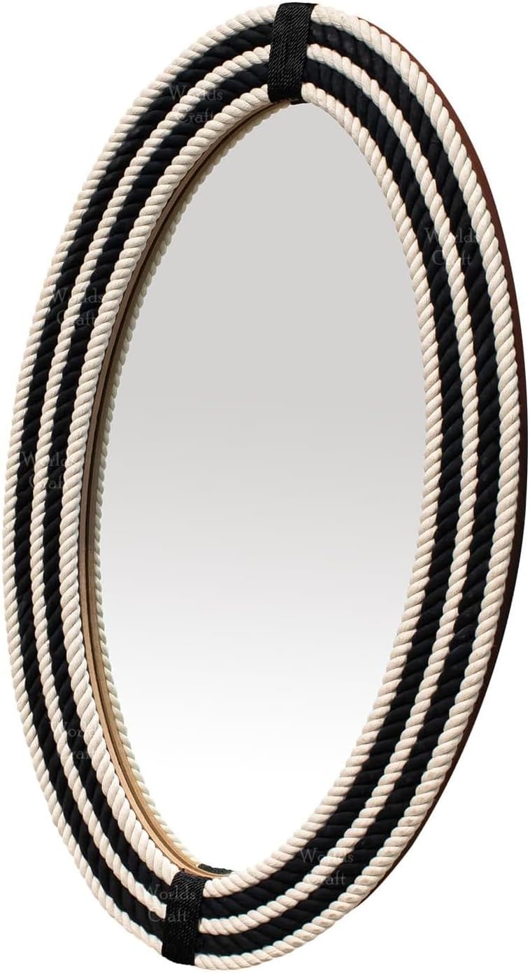 Oval Nautical Hampton Round White Rope Mirror Twisted Rope Home Decor Art Wall Hanging Mirror Coastal Cotton Rope Mirror Wall Mounted Mirror Hanging | Home Deco (24 x 18 Inch)
