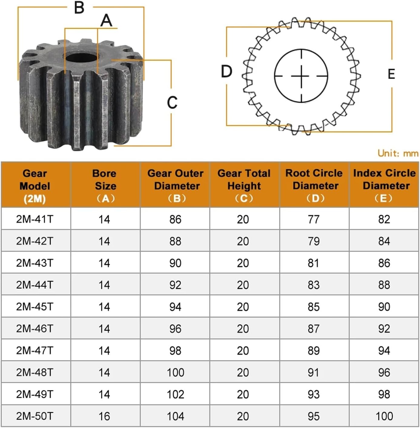 Industrial helical Gear Cylindrical Gear 2M-41/42/43/44/45/46/47/48/49/50T Carbon Steel Spur Gear Total Height 20mm High Frequency Quenching Teeth (Size : 2M46T - Bore 14 mm)