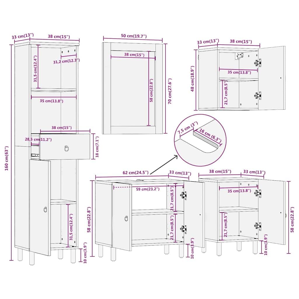 vidaXL Set Mobili da Bagno 5 pz in Legno Massello di Mango