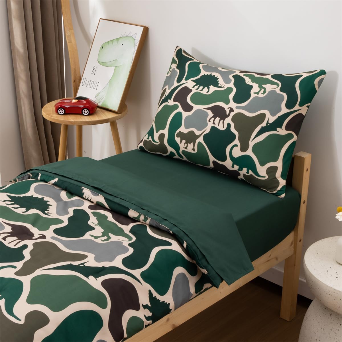 NTBED 4 Pieces Camo Toddler Bedding Set for Baby Girls Boys,Dinosaur Camouflage Printed, Includes Comforter, Flat Sheet, Fitted Sheet and Pillowcase