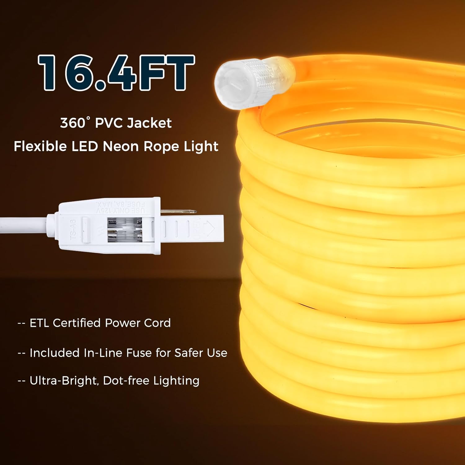 Close-up of BRIGHTLUX LED Neon Rope Light showing 16.4ft length, 360 degree PVC jacket, ETL certified power cord, in-line fuse, and dot-free lighting.
