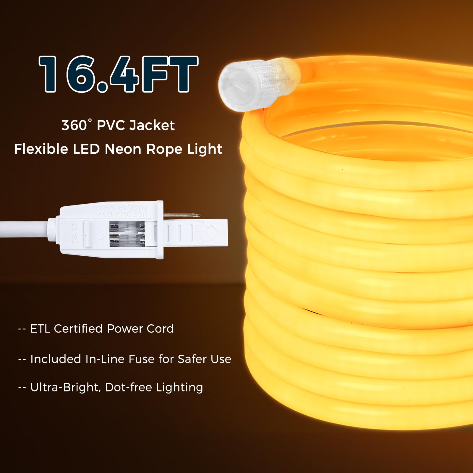 BRIGHTLUX LED Rope Light, 16.4ft Neon Rope Light, Warm White Light 2700K, Bright, Indoor or Outdoor, Flexible, Linkable, Durable, Outside, Deck, Landscape, Patio, Indoor Lighting for TV, Bedroom