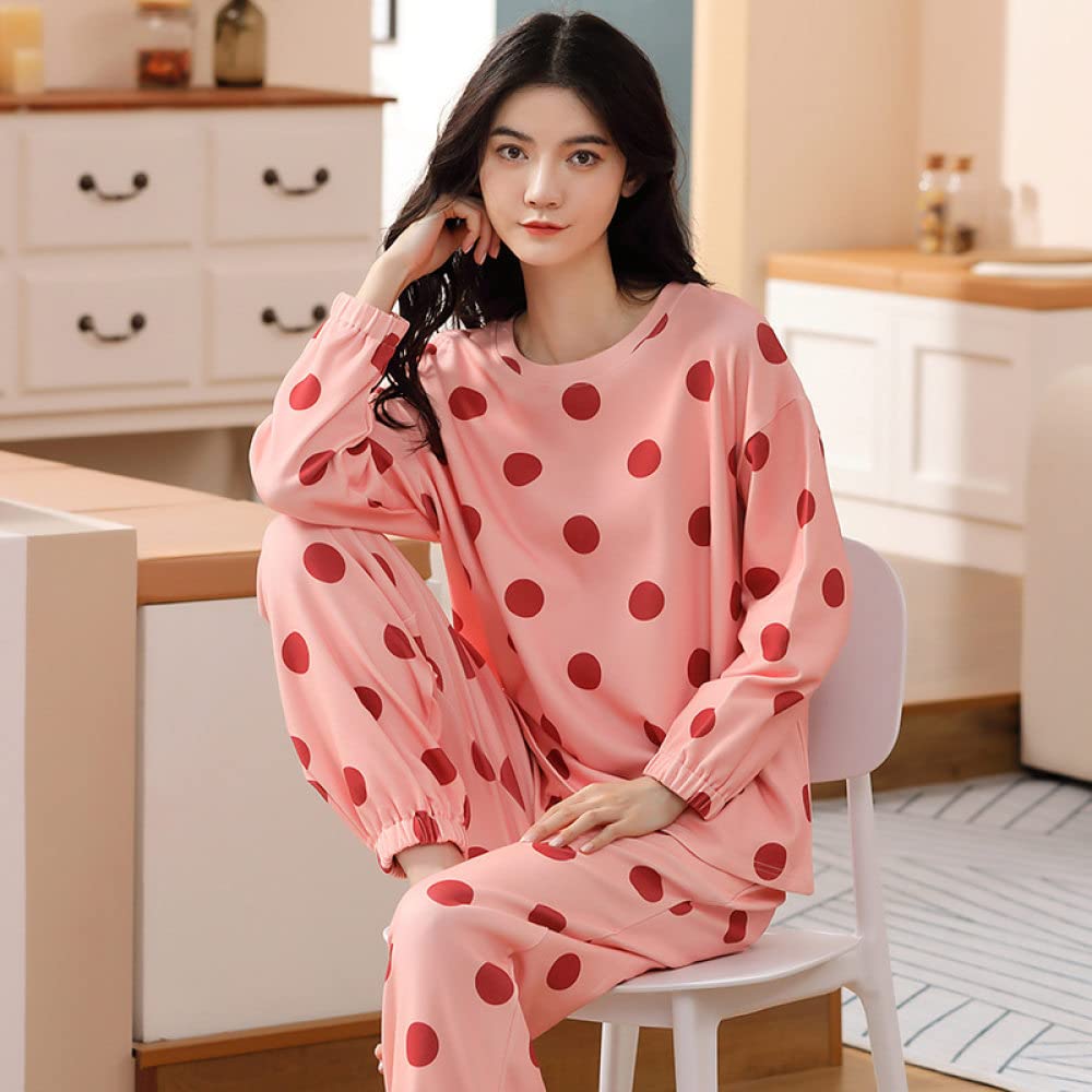 Pijamas Mujer,Conjuntos De Pijama Para Mujer Algodón Rosa Cuello Redondo Estampado De Lunares Clásico Acogedor Cálido Manga Larga Pjs Top & Amp; Conjunto De Pantalones Ropa De Dormir Ropa De Dorm
