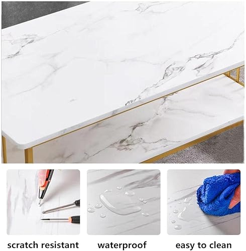 Miniatura 6 de Gdrasuya10 Mesa auxiliar moderna de mármol sintético blanco, mesa auxiliar de madera de 2 niveles con marco dorado, mesa central de TV, mesa de