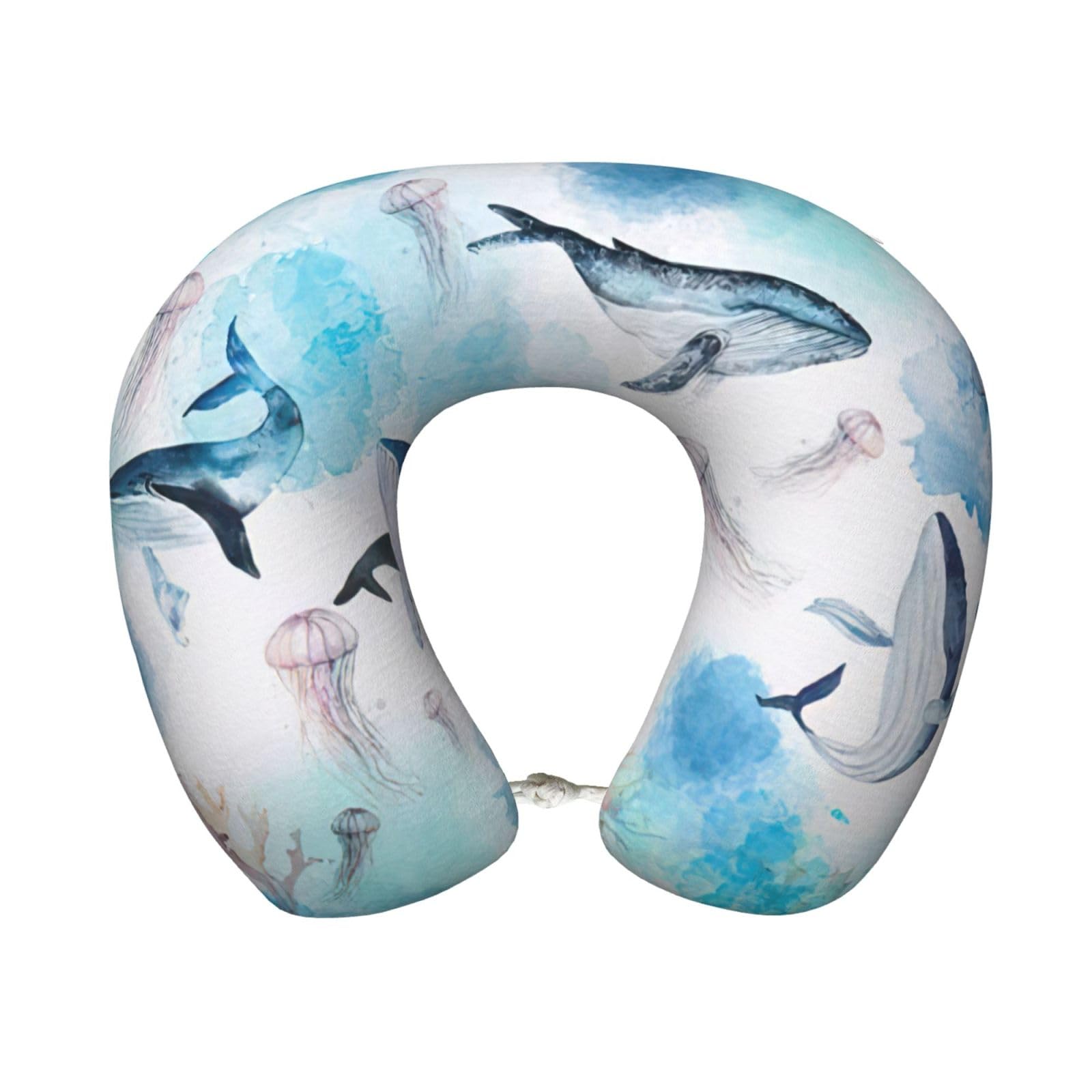 ASFgda U-Shape Memory Foam Sea Whale And Jellyfish Print Travel Pillow,Neck Support,Washable Cover For Airplane Car Home Office