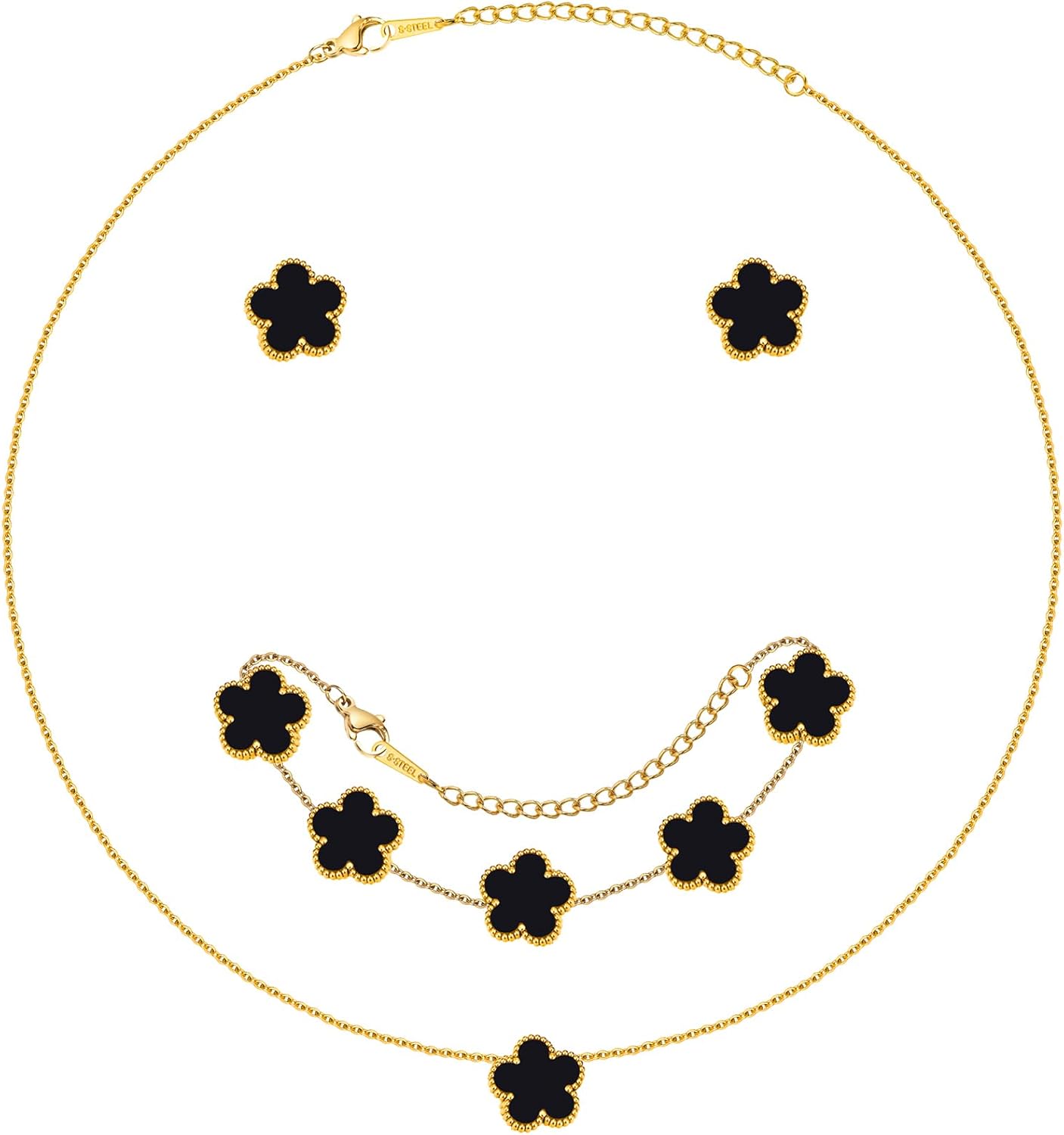 Gold Necklaces Bracelets Earring Set - 18K Gold Plated Flower Bracelet ,Stainless Steel Non Tarnish Floral Pendant Stud Jewelry Sets,Christmas Birthday Lucky Gift for Her Mom Wife Daughter Girlfriend