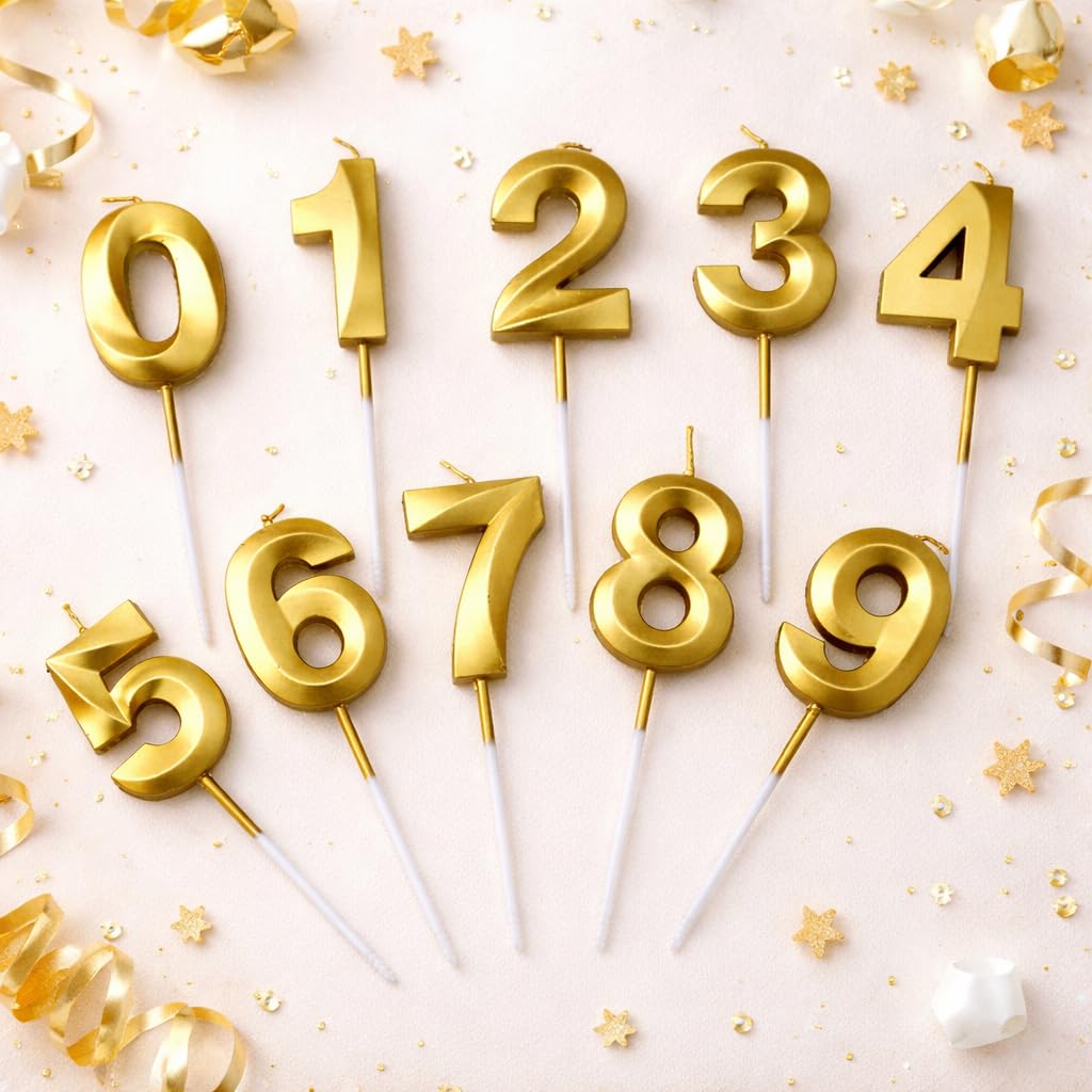 Golden Number Candle (0-9 Digit) for Cake Decoration| Metallic Shiny Wax Number Candles for Birthday,Anniversary or Any Special Event (Pack of 10 PCs) (Golden)-image-12