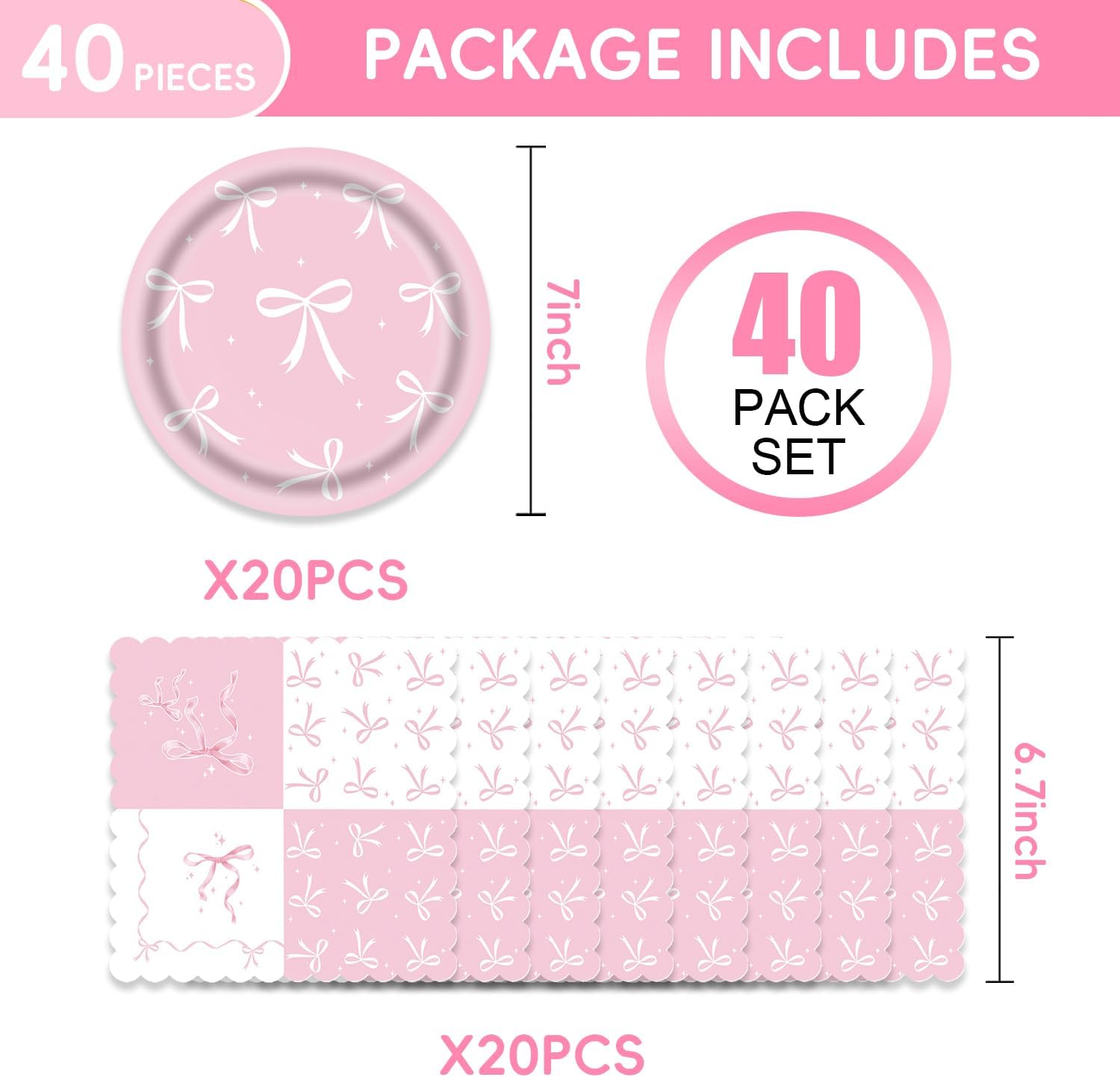 40Pcs Pink Bow Party Supplies Disposable Tableware Set Serve 20 Guests Include Pink Bow Plates and Napkins Forks for Bachelorette Bridal Engagement Baby Shower Birthday Party Decorations - Image 2