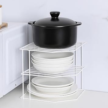 2 Pcs Kitchen Cupboard Organisers,3-Tier Wire Storage Racks Corner Shelf Organizers for Cabinet Countertop, Metal Corner Stands with Rustproof Finish for Kitchen Pantry Bathroom Office Use