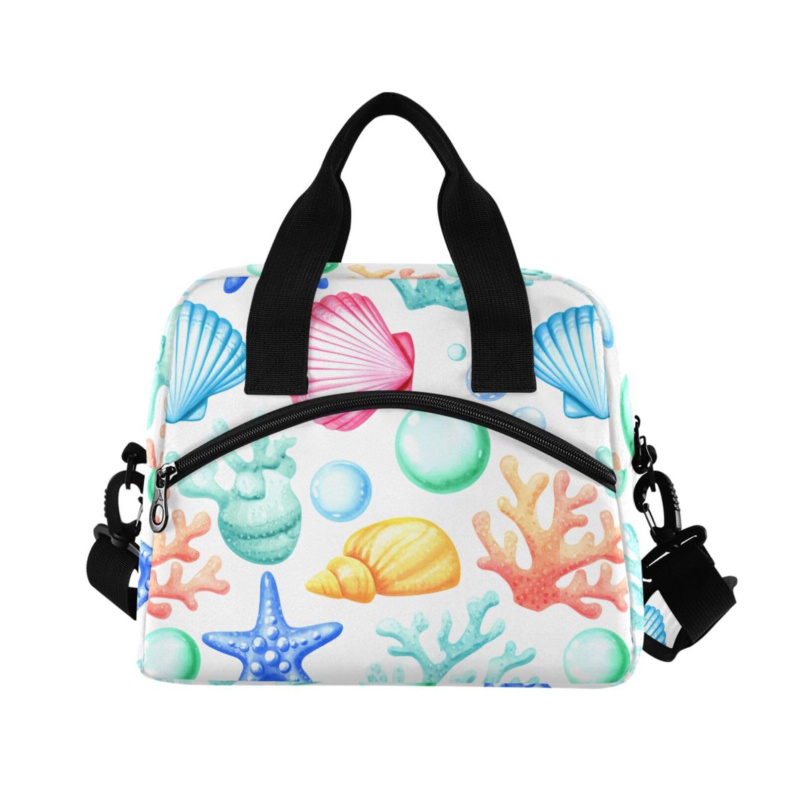 Sinestour Insulated Lunch Bag Reusable Cooler Seashell Starfish White Lunch Box Adjustable Shoulder Strap for School Office Picnic