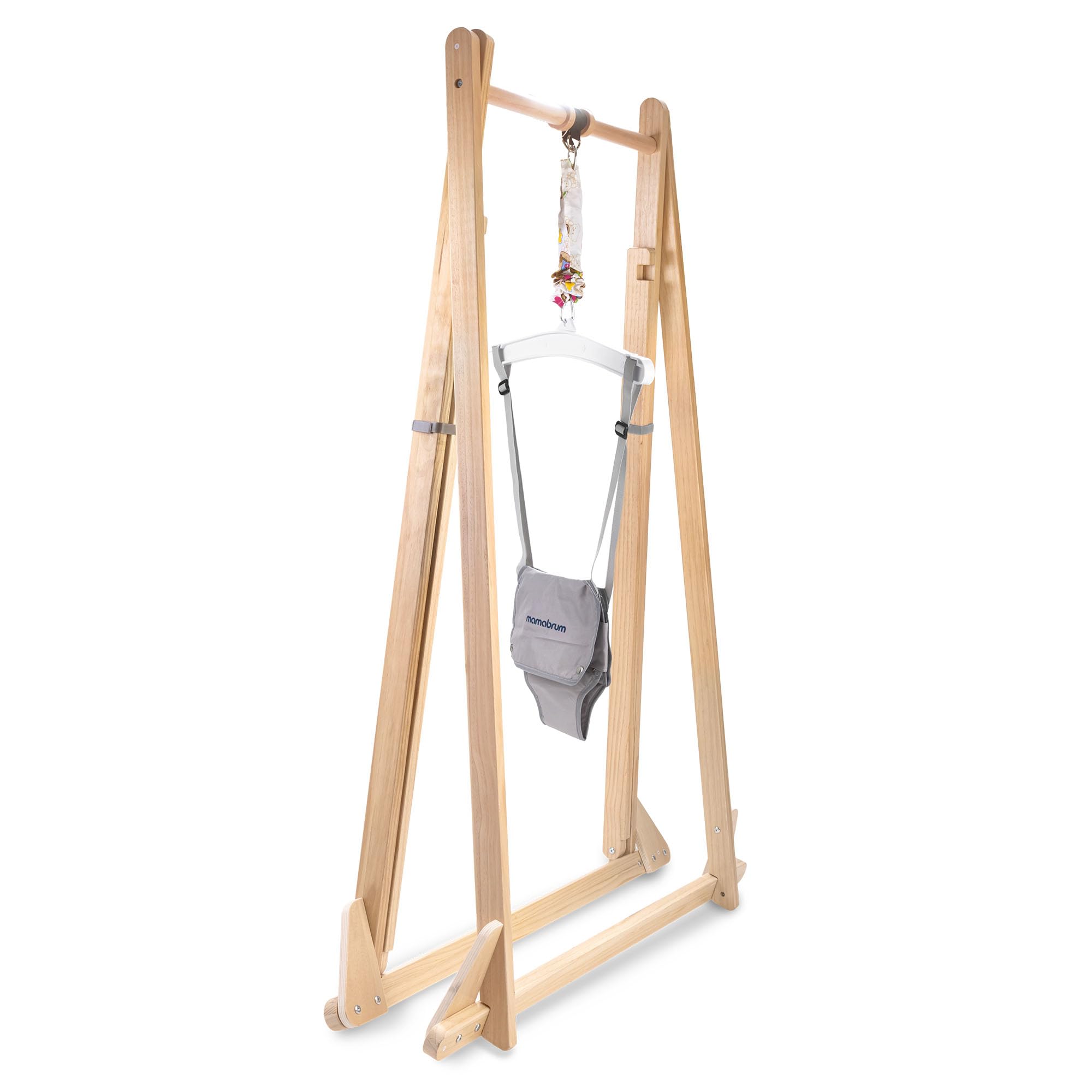 Mamabrum Sauteur Bébé en Bois avec Siège Réglable et Structure Pliable, Cadre en Bois, Double Fermeture de Sécurité, Gris, pour Enfants de 6 à 30 Mois
