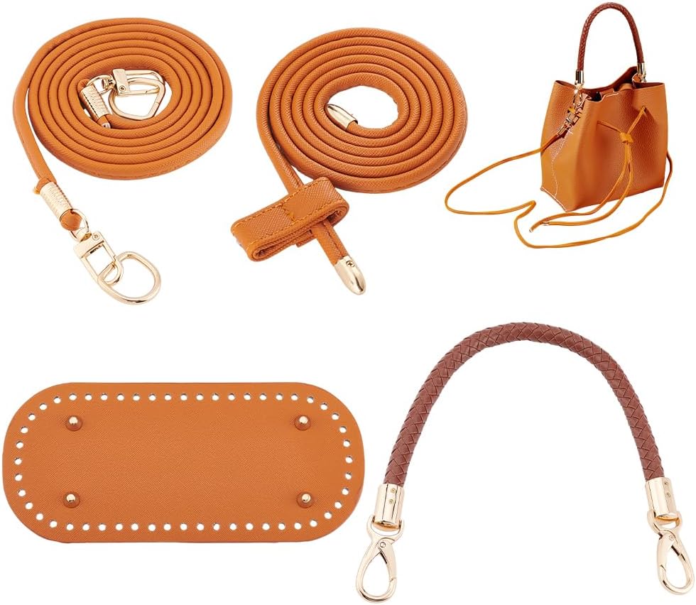 WADORN 4pcs DIY Crochet Bag Kit, Handmade Knitting Tote Bag Making Kit Include Oval Bottom Shaper Pad Short Braided Leather Handle Shoulder Strap Replacement Drawstring Bag Strap, Orange Brown