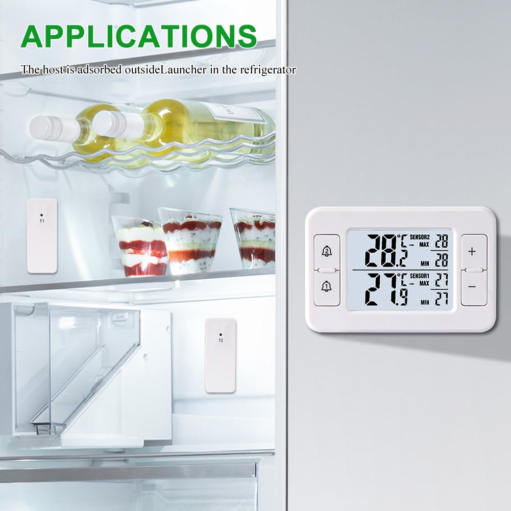 Kühlschrankthermometer, Gefrierschrank Thermometer mit 2 kabellosen Sensoren, Thermometer Innen Außen, Temperatur Alarm, MIN/MAX, Temperaturtrendanzeige Pfeil