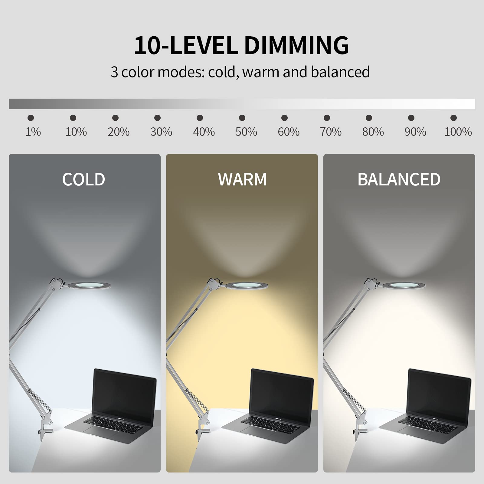 Lampe loupe / 105 mm 5 dioptries en Verre véritable / 3 Modes de Couleur / 10 Niveaux d'intensité / 750 LM avec 72 LED/Rayon de Travail 90 cm (argenté)
