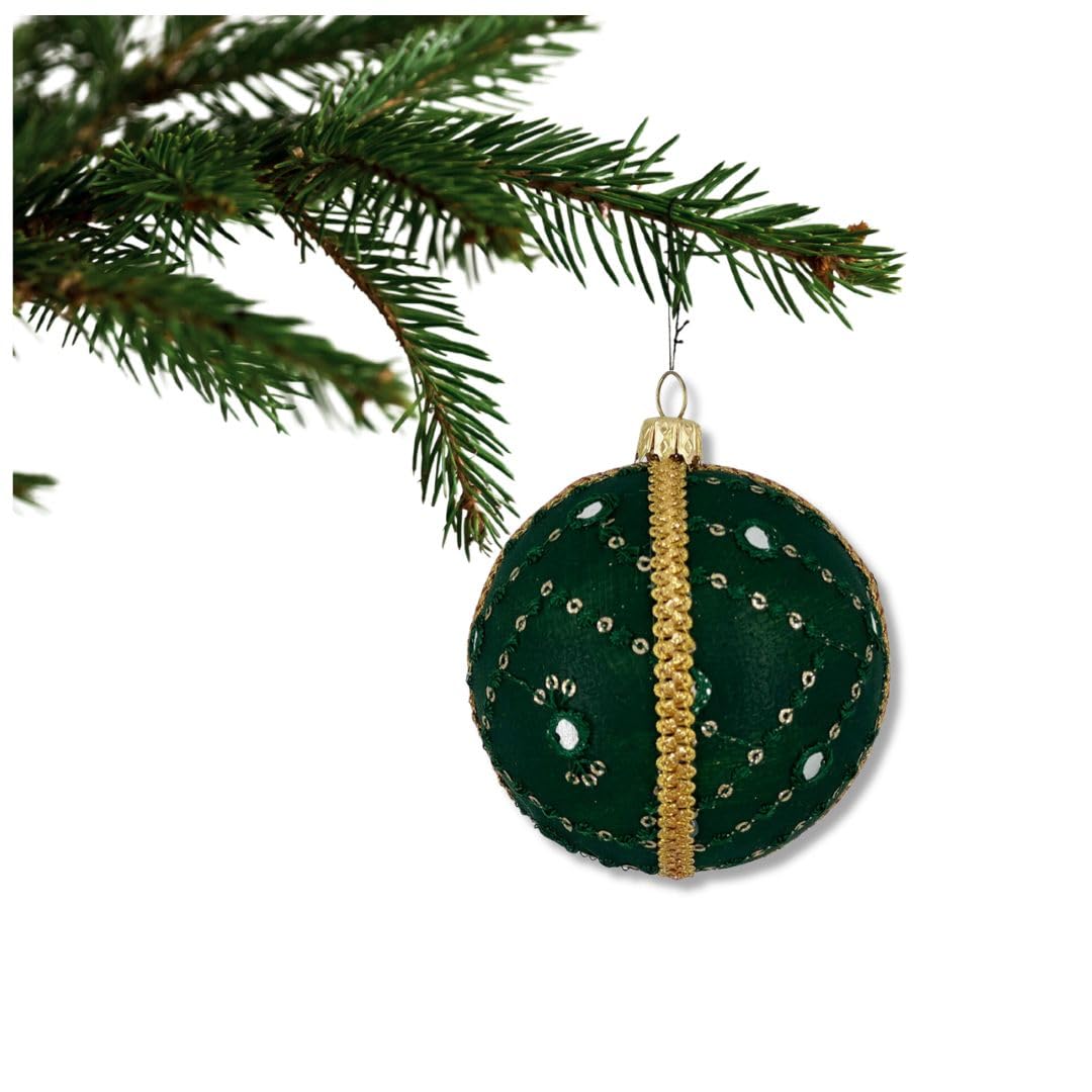 Marisha Mistry Rich Deep-Green Base Enhanced With Delicate Mirror And Sequin Embroidery, Finished With A Gold Trim For A Timeless, Elegant Look. Akansh Bauble – 8 Cm | Deep Green Handmade Bauble With Mirror & Sequin Embroidery | Luxury Fabric Ornament With Gold Trim | Sustainable Year-Round Décor | Uk Artisan Crafted Gift