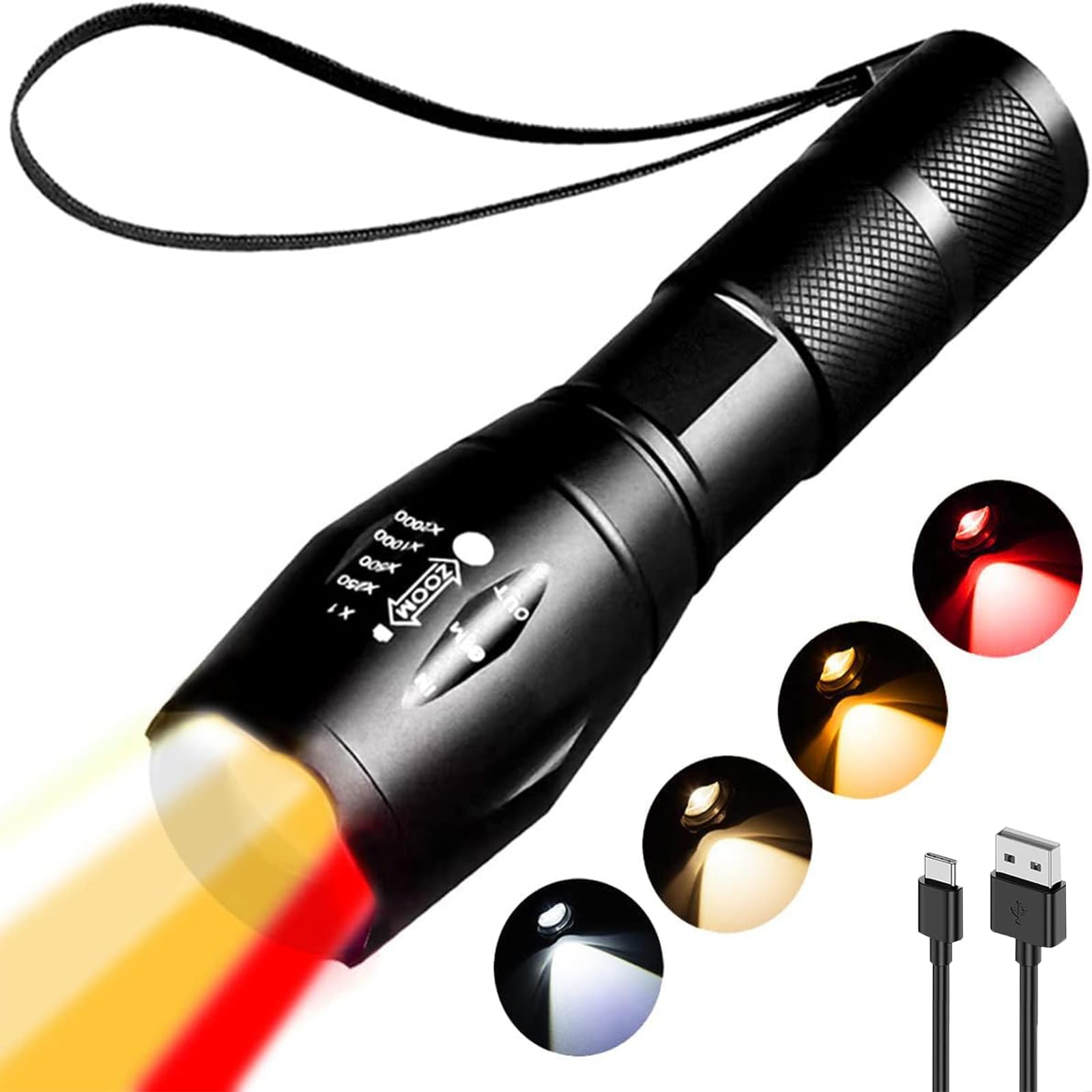 MODOAO 4 in 1 LED Torch, Rechargeable Red Yellow Amber White Light Flashlight, 4 Modes Photography Fill Light